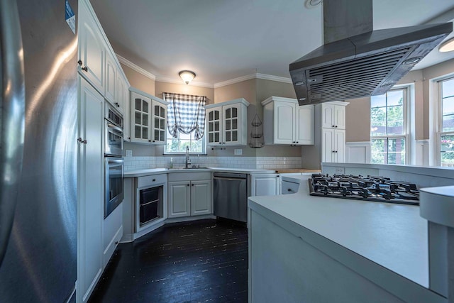 4433 Elm St, New Era, MI 49446 - kitchen with range hood, dishwasher, black gas stovetop, fridge, and glass insert cabinets