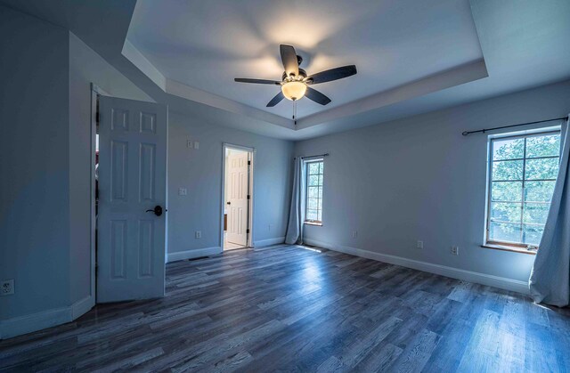4433 Elm St, New Era, MI 49446 - empty room featuring a tray ceiling, a ceiling fan, and dark wood-style floors
