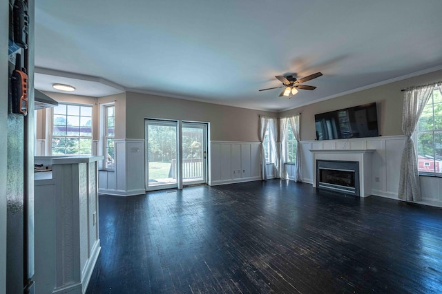 4433 Elm St, New Era, MI 49446 - unfurnished living room featuring a fireplace, a ceiling fan, dark wood-type flooring, a wainscoted wall, and plenty of natural light
