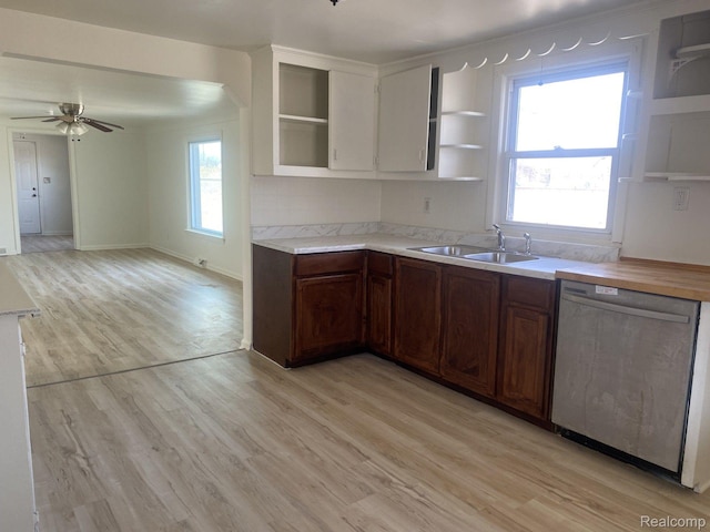 3512 Barry St, Wayne, MI 48184 - kitchen featuring open shelves, stainless steel dishwasher, light wood-type flooring, and light countertops