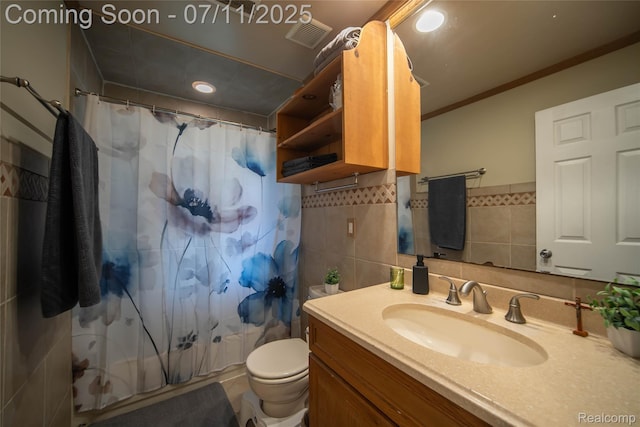 3238 Homestead Dr, Waterford, MI 48329 - full bath with vanity, tile walls, a shower with shower curtain, and crown molding