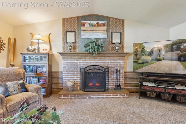 2210 Old Hickory Blvd, Davison, MI 48423 - living room with lofted ceiling, carpet floors, and a brick fireplace