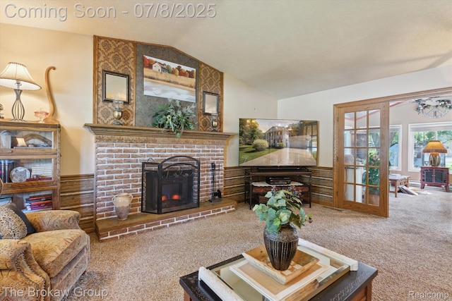 2210 Old Hickory Blvd, Davison, MI 48423 - carpeted living area featuring a brick fireplace and lofted ceiling