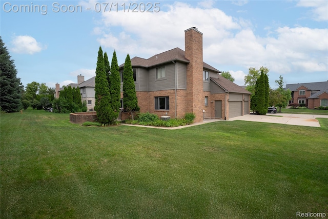 24145 Windridge Ln, Novi, MI 48374 - view of side of home featuring brick siding, a garage, concrete driveway, and a lawn