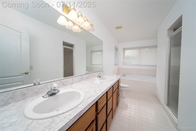 24145 Windridge Ln, Novi, MI 48374 - bathroom featuring double vanity, a bath, tile patterned flooring, and a stall shower