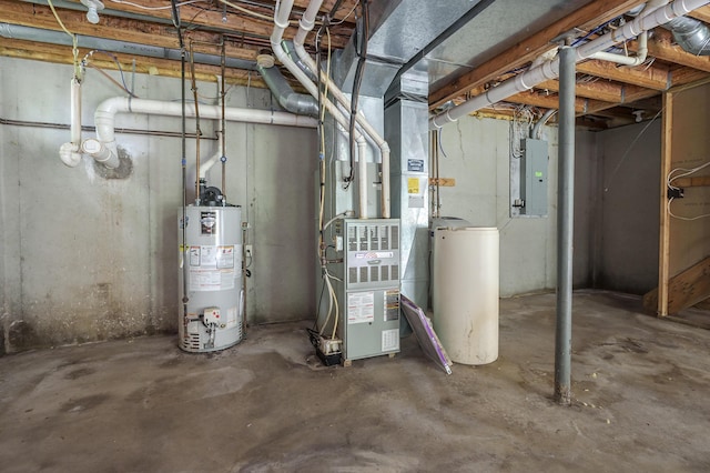 7906 N 43rd St, Augusta, MI 49012 - unfinished below grade area with gas water heater, a water softener system, electric panel, and heating unit