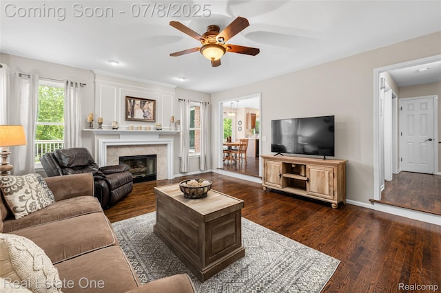 17734 Huron Dr, Macomb, MI 48042 - living room with a ceiling fan, dark wood-style floors, and a fireplace