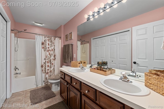 17734 Huron Dr, Macomb, MI 48042 - bathroom featuring double vanity, shower / bath combo, and tile patterned flooring