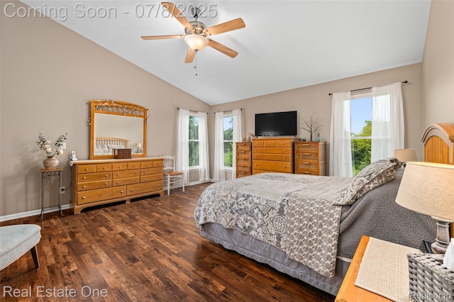 17734 Huron Dr, Macomb, MI 48042 - bedroom featuring dark wood-style flooring, vaulted ceiling, and ceiling fan