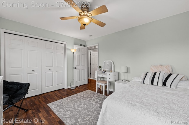 17734 Huron Dr, Macomb, MI 48042 - bedroom featuring a closet, wood finished floors, and ceiling fan