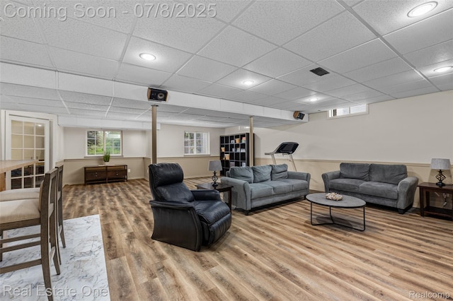 17734 Huron Dr, Macomb, MI 48042 - living room featuring light wood finished floors, healthy amount of natural light, and a drop ceiling