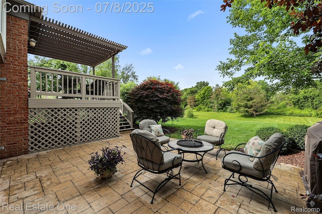 17734 Huron Dr, Macomb, MI 48042 - view of patio / terrace with a pergola, an outdoor fire pit, and stairs