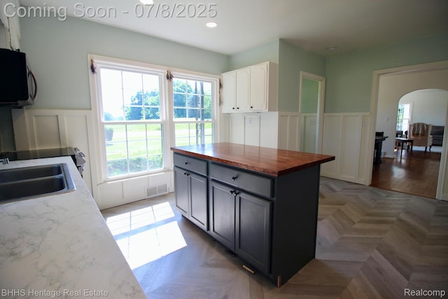 4201 N Burkhart Rd, Howell, MI 48855 - kitchen with wooden counters, stainless steel microwave, arched walkways, a decorative wall, and wainscoting