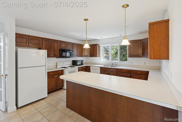 10934 Baker Rd, Frankenmuth, MI 48734 - kitchen with white appliances, a peninsula, light countertops, and light tile patterned floors