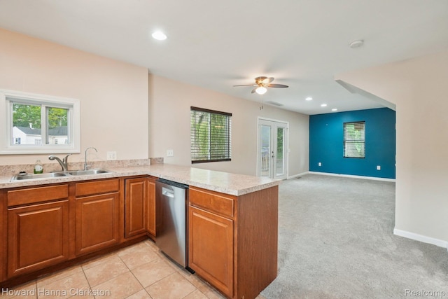 6830 Dixie Hwy, Clarkston, MI 48346 - kitchen featuring dishwasher, a ceiling fan, brown cabinetry, light countertops, and recessed lighting
