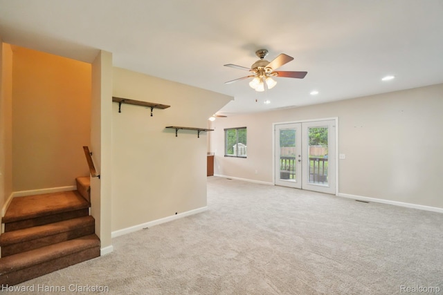 6830 Dixie Hwy, Clarkston, MI 48346 - unfurnished room featuring ceiling fan, light colored carpet, french doors, stairs, and recessed lighting