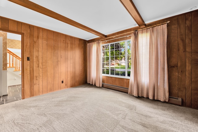 29947 Fernhill Dr, Farmington, MI 48331 - carpeted empty room with beamed ceiling, wooden walls, stairway, and a baseboard heating unit