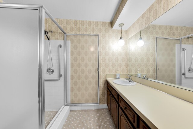29947 Fernhill Dr, Farmington, MI 48331 - full bathroom with vanity, a stall shower, and tile patterned flooring