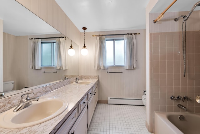29947 Fernhill Dr, Farmington, MI 48331 - bathroom featuring a baseboard heating unit, double vanity, bathing tub / shower combination, and tile patterned floors