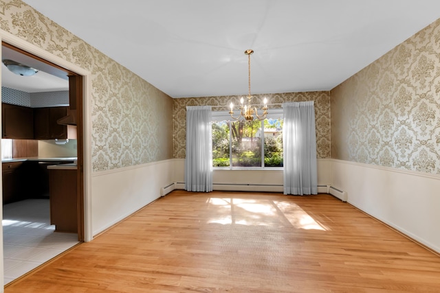 29947 Fernhill Dr, Farmington, MI 48331 - unfurnished dining area featuring light wood-style floors, a wainscoted wall, a chandelier, wallpapered walls, and a baseboard radiator