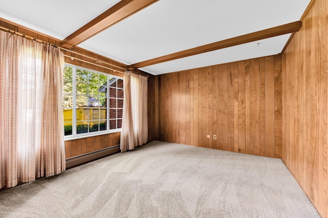 29947 Fernhill Dr, Farmington, MI 48331 - carpeted spare room with a baseboard heating unit, wooden walls, and beamed ceiling