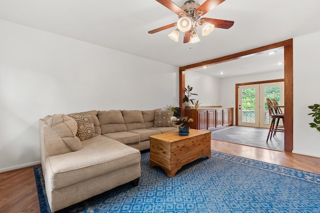 34830 Riverview Dr, Paw Paw, MI 49079 - living area with a ceiling fan, wood finished floors, recessed lighting, and french doors