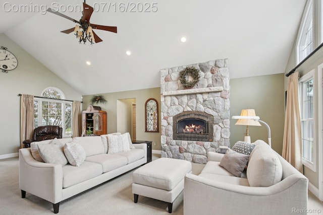 378 Fruitdale Ln, Pinckney, MI 48169 - living room featuring a ceiling fan, a fireplace, high vaulted ceiling, plenty of natural light, and recessed lighting