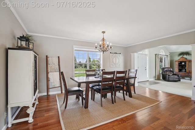378 Fruitdale Ln, Pinckney, MI 48169 - dining space featuring arched walkways, a chandelier, crown molding, and wood finished floors