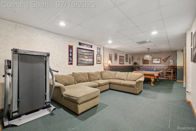 378 Fruitdale Ln, Pinckney, MI 48169 - living area with a paneled ceiling, carpet, billiards, and recessed lighting