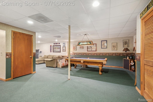 378 Fruitdale Ln, Pinckney, MI 48169 - recreation room featuring carpet, billiards, a drop ceiling, recessed lighting, and wallpapered walls