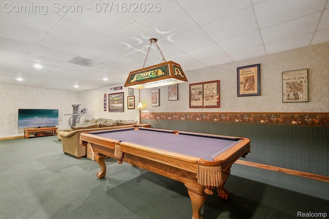 378 Fruitdale Ln, Pinckney, MI 48169 - game room featuring carpet flooring, a paneled ceiling, a wainscoted wall, wallpapered walls, and pool table