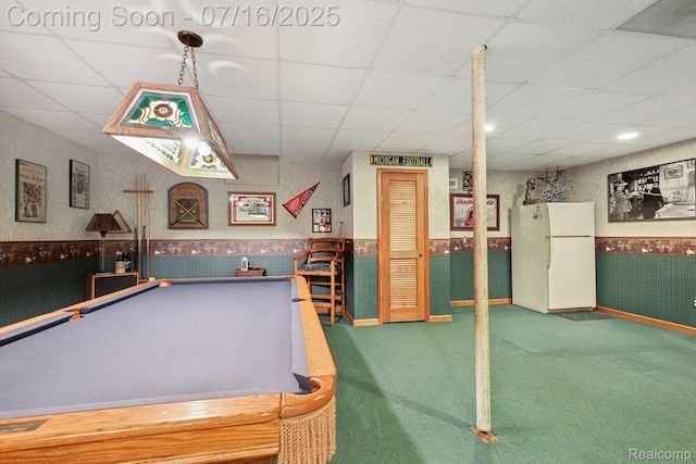 378 Fruitdale Ln, Pinckney, MI 48169 - recreation room with carpet, a paneled ceiling, wallpapered walls, wainscoting, and billiards table