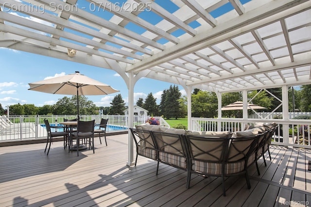 378 Fruitdale Ln, Pinckney, MI 48169 - wooden terrace featuring outdoor dining area, a fenced backyard, and a pergola