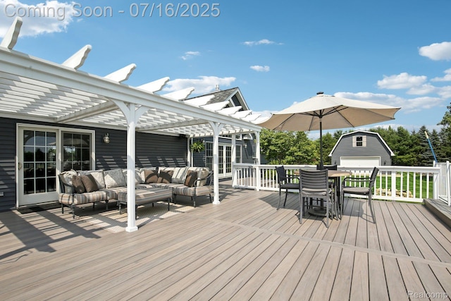378 Fruitdale Ln, Pinckney, MI 48169 - wooden terrace featuring a pergola, outdoor lounge area, outdoor dining area, and an outbuilding
