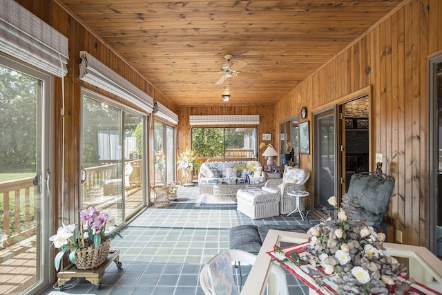 335 Fairway Dr, Coldwater, MI 49036 - sunroom / solarium with wood walls, healthy amount of natural light, tile patterned flooring, ceiling fan, and an outdoor hangout area