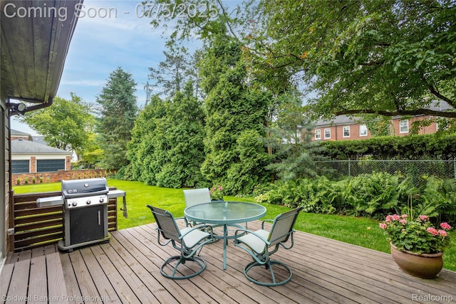 17 Colonial Rd, Grosse Pointe Shores, MI 48236 - wooden terrace with a grill, outdoor dining space, a fenced backyard, and view of wooded area