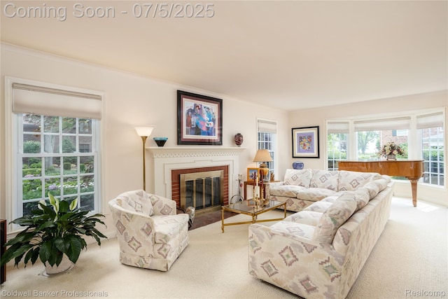 17 Colonial Rd, Grosse Pointe Shores, MI 48236 - carpeted living area with a fireplace and ornamental molding