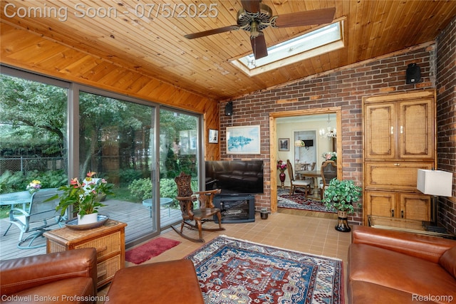 17 Colonial Rd, Grosse Pointe Shores, MI 48236 - living room with lofted ceiling, brick wall, a ceiling fan, a skylight, and wooden ceiling