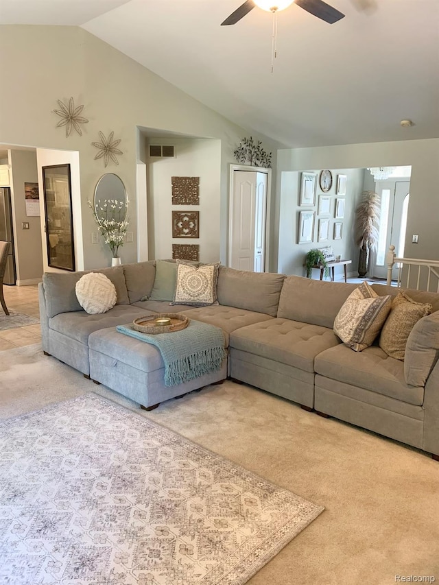 23287 Angel Park Dr, Macomb, MI 48042 - living room with a ceiling fan, vaulted ceiling, and light carpet
