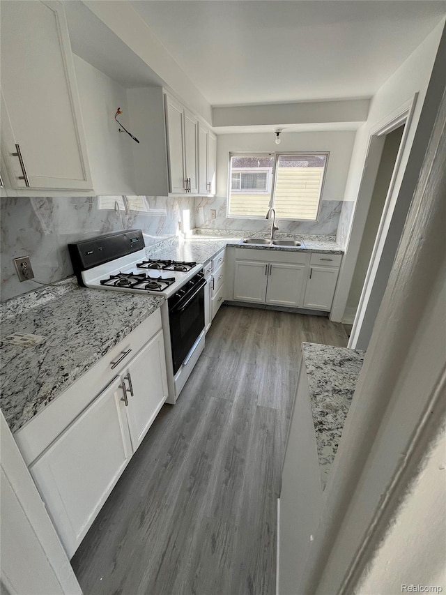 7800 Rutland St, Detroit, MI 48228 - kitchen with white gas range oven, light wood-style flooring, light stone counters, and decorative backsplash