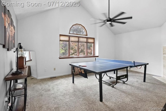 6559 Ridgeview Dr, Clarkston, MI 48346 - playroom featuring ceiling fan, carpet flooring, and high vaulted ceiling