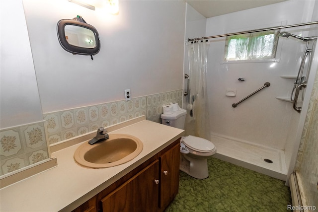 2380 Wilder Rd, Metamora, MI 48455 - full bath with curtained shower, vanity, tile patterned floors, baseboard heating, and a wainscoted wall
