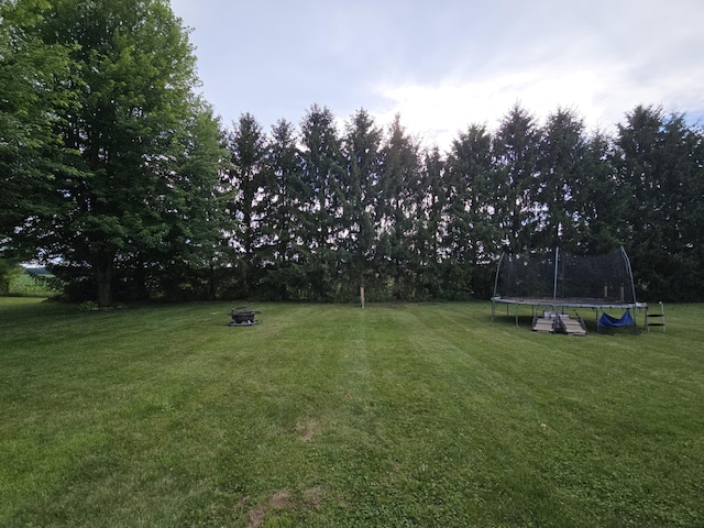 274 Pioneer St, Mendon, MI 49072 - view of green lawn featuring a trampoline, a fire pit, and view of wooded area