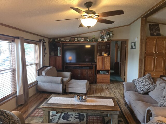 274 Pioneer St, Mendon, MI 49072 - living area with vaulted ceiling, light wood-style flooring, ceiling fan, a textured ceiling, and crown molding