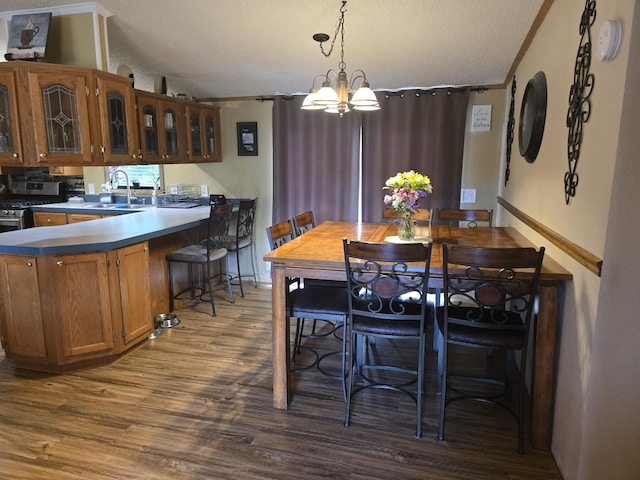 274 Pioneer St, Mendon, MI 49072 - dining area featuring a chandelier, crown molding, dark wood-style floors, and a textured ceiling