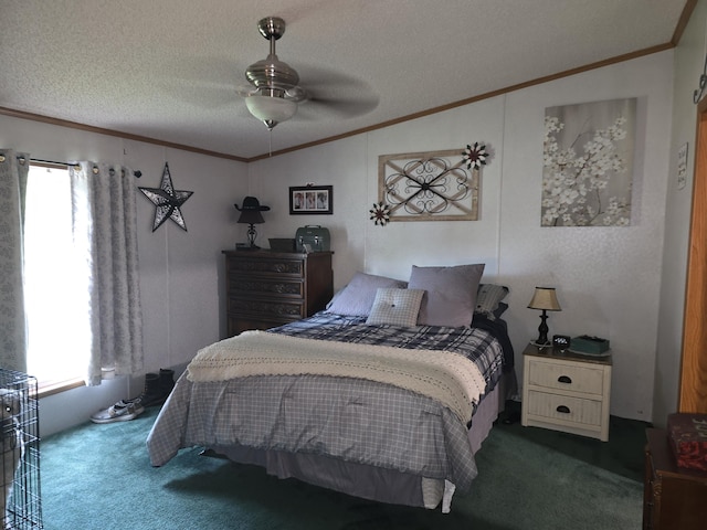 274 Pioneer St, Mendon, MI 49072 - bedroom featuring vaulted ceiling, carpet flooring, crown molding, a textured ceiling, and ceiling fan