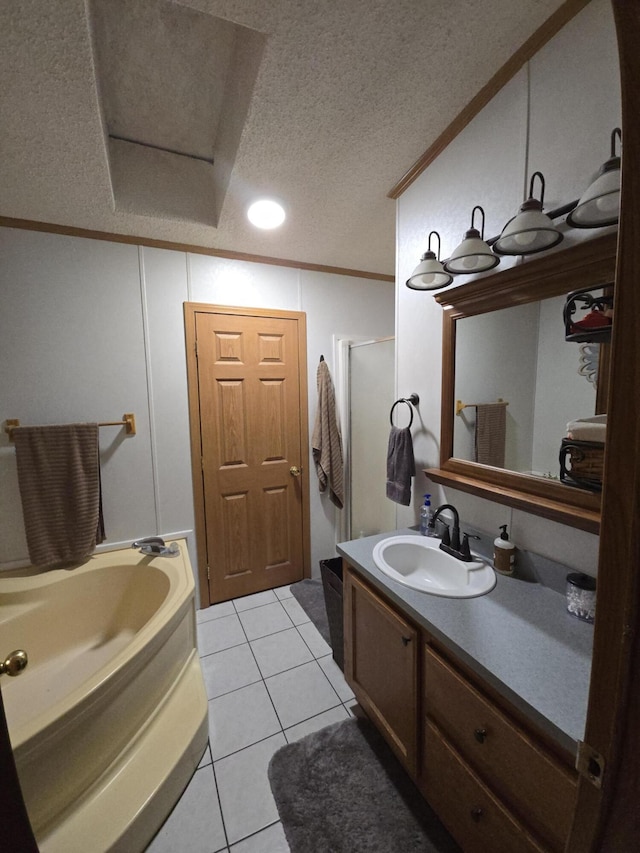 274 Pioneer St, Mendon, MI 49072 - bathroom with a textured ceiling, vanity, a stall shower, crown molding, and tile patterned flooring