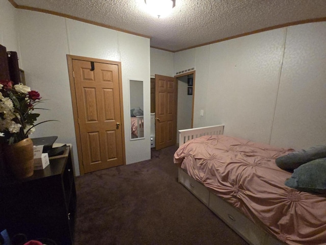 274 Pioneer St, Mendon, MI 49072 - bedroom with crown molding, dark colored carpet, and a textured ceiling