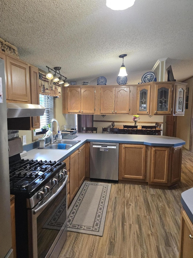 274 Pioneer St, Mendon, MI 49072 - kitchen with stainless steel appliances, a textured ceiling, wood finished floors, light countertops, and a peninsula