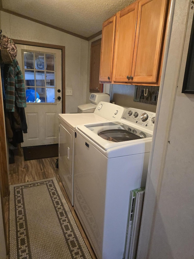 274 Pioneer St, Mendon, MI 49072 - laundry area with washer and clothes dryer, cabinet space, dark wood-style floors, a textured ceiling, and ornamental molding